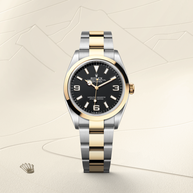 rolex explorer in yellow rolesor - combination of oystersteel and yellow gold, m124273-0001 - watch with background color - ben bridge
