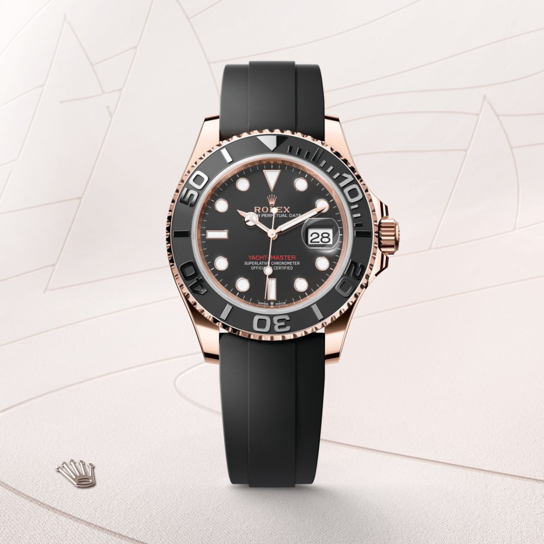 rolex yacht-master in 18 ct everose gold, m126655-0002 - watch with background color - ben bridge