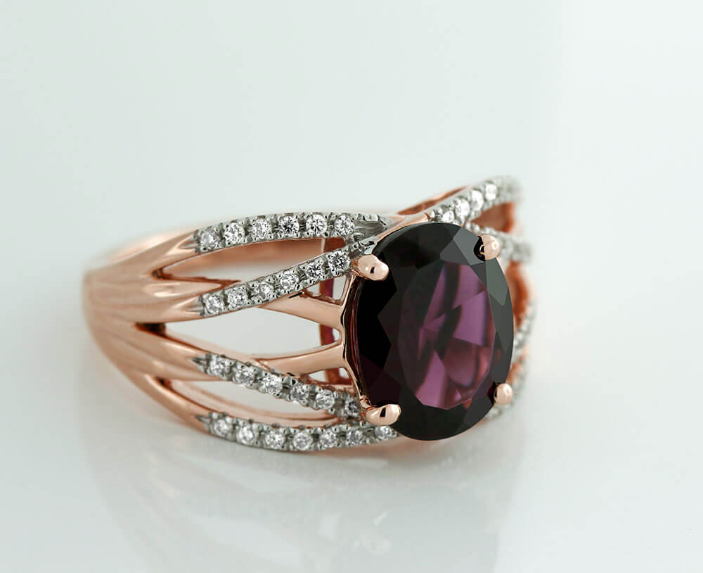 Rose Gold Garnet & Diamond Ring 14K