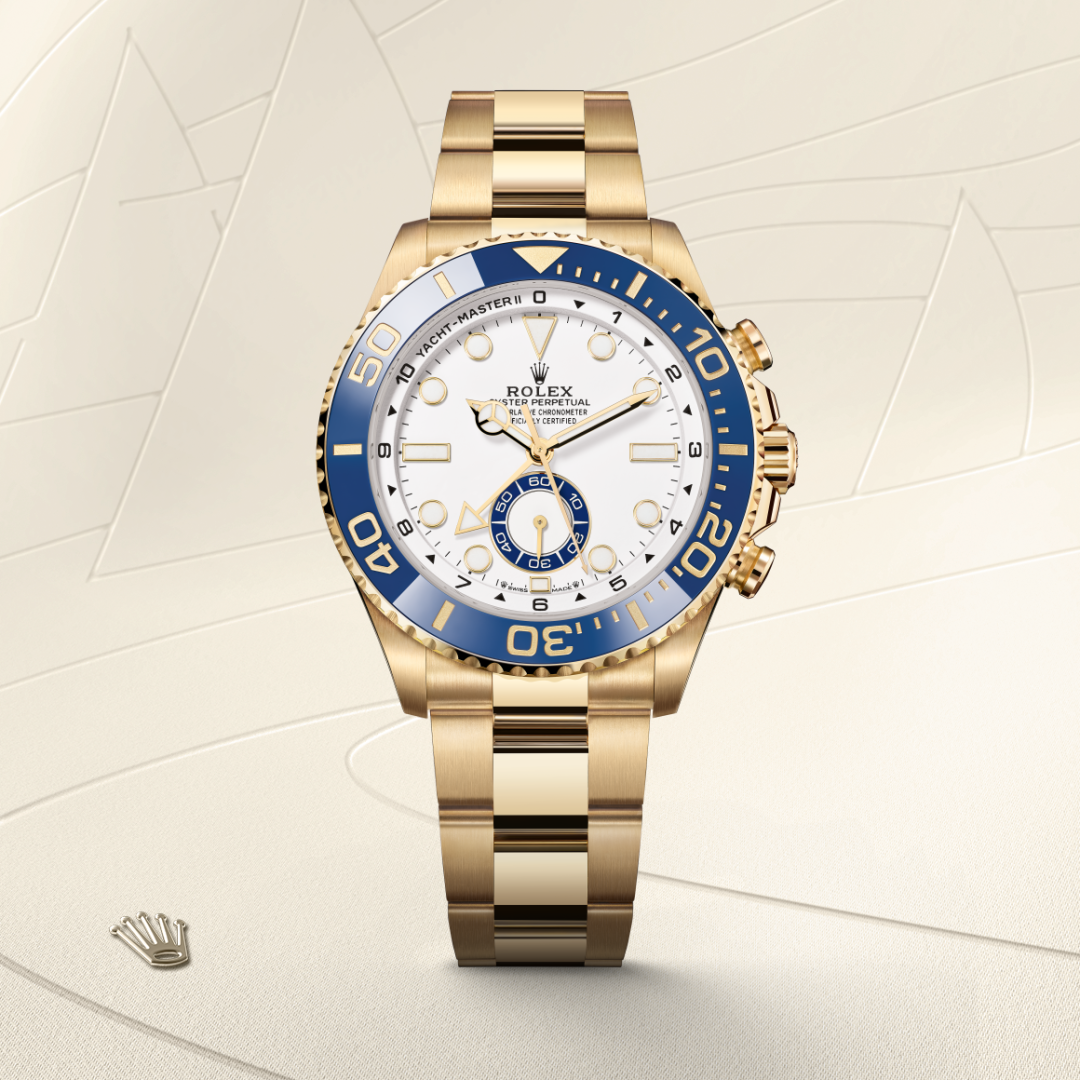 rolex yacht-master ii in 18 ct yellow gold, m126688-0001 - watch with background color - ben bridge