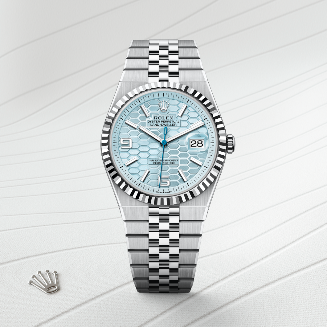 rolex land-dweller in platinum, m127336-0001 - watch with background color - ben bridge