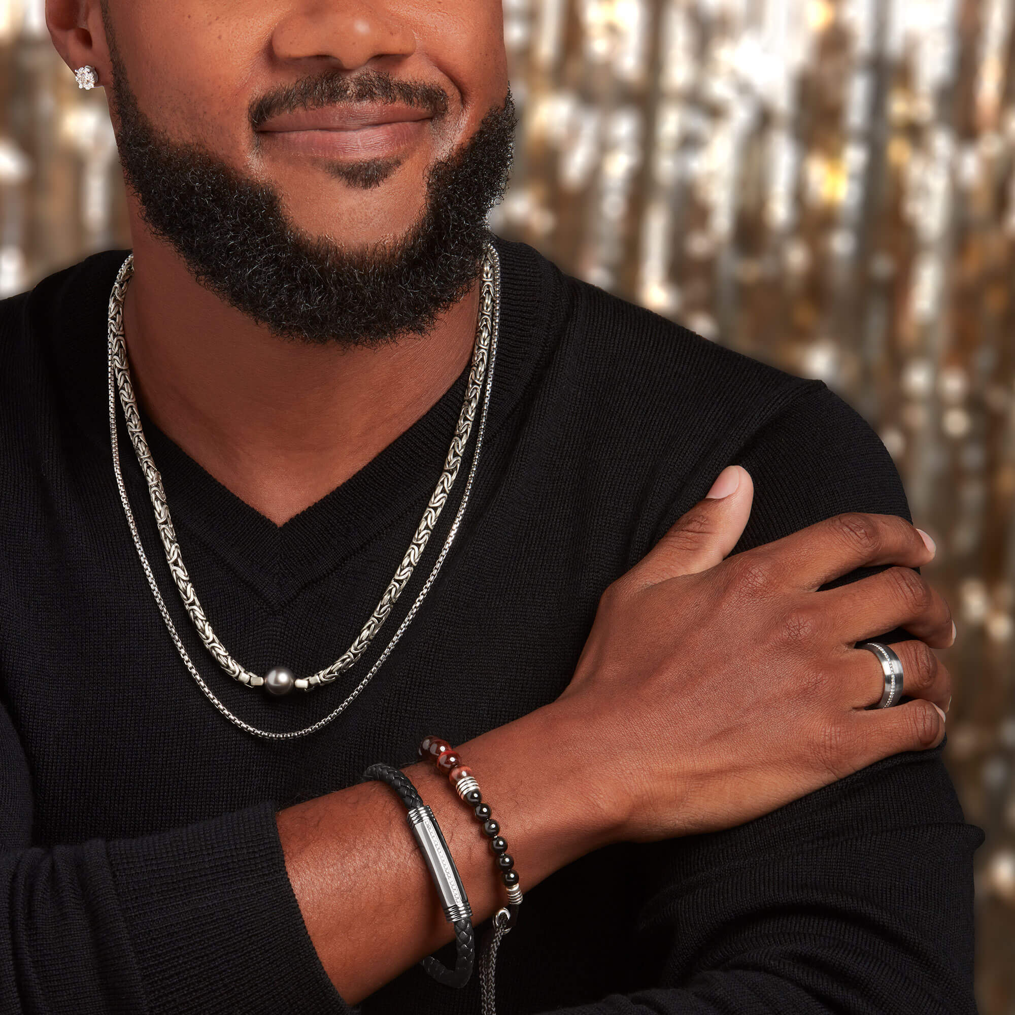 Leather, Steel & Diamond Bracelet, 8.5