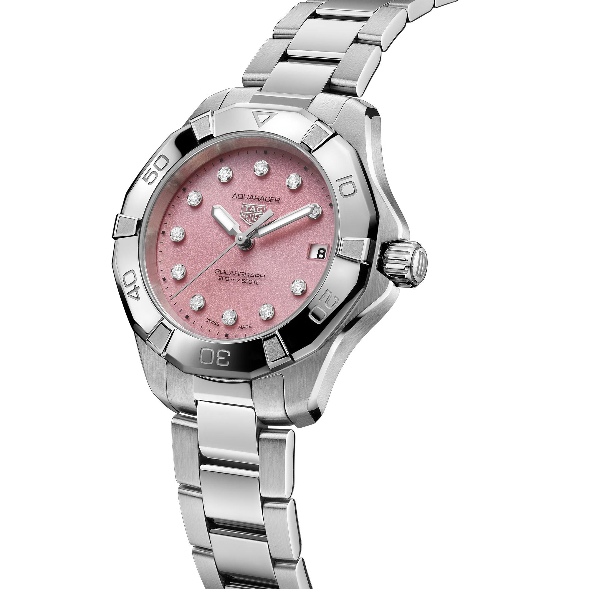 TAG Heuer クオーツ プロフェッショナル フォーミュラー ピンク デイト TAG Heuer Aquaracer Professional 200 Solargraph Pink Dial Watch, 39mm