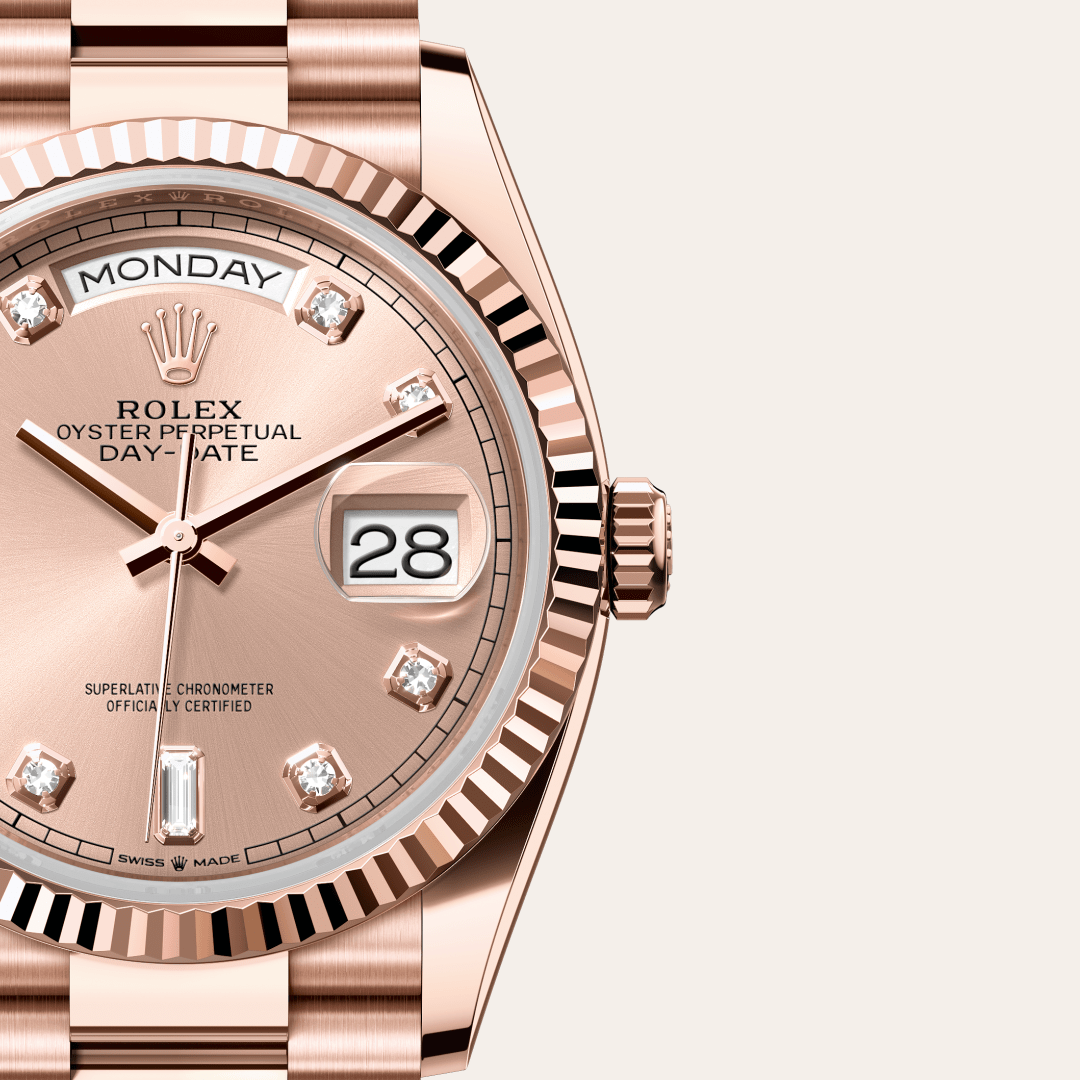 rolex day-date in 18 ct everose gold, m128235-0009 - watch dial - ben bridge