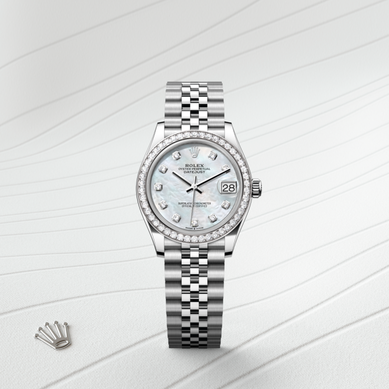 rolex datejust in white rolesor - combination of oystersteel and white gold, m278384rbr-0008 - watch with background color - ben bridge