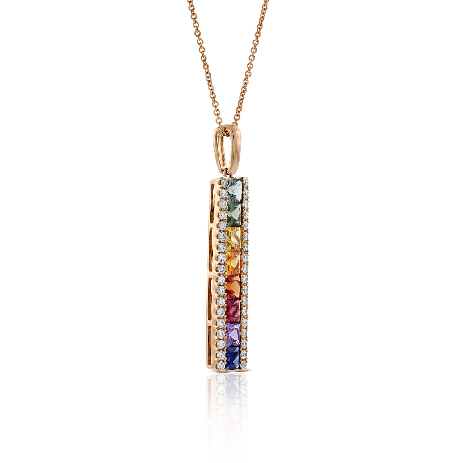 Rose Gold Rainbow Sapphire & Diamond Bar Necklace 14K