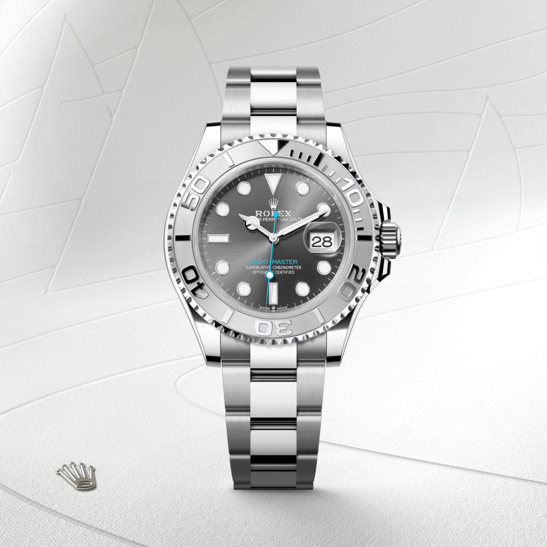 rolex yacht-master in rolesium - combination of oystersteel and platinum, m126622-0001 - watch with background color - ben bridge