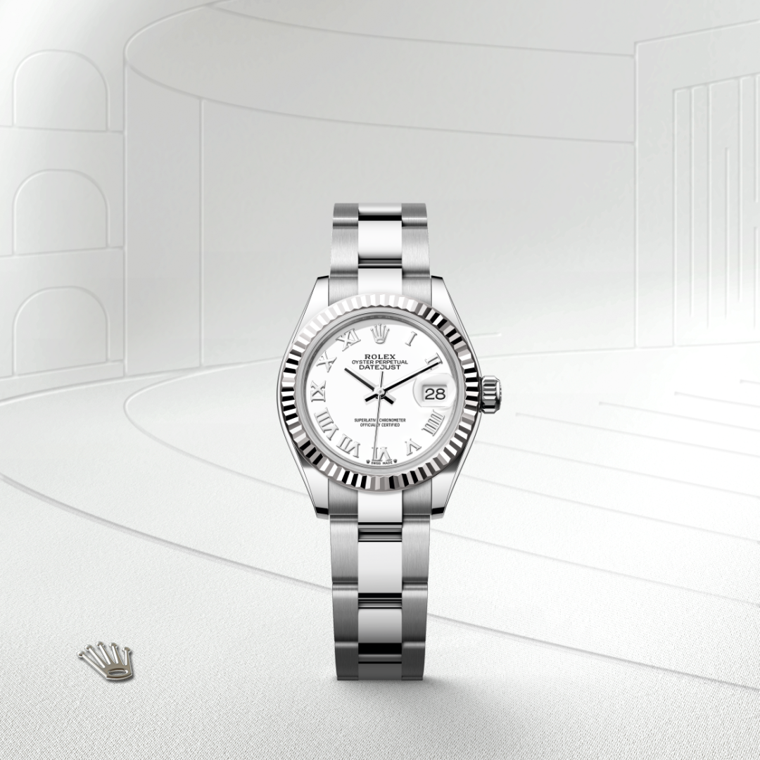 rolex lady-datejust in white rolesor - combination of oystersteel and white gold, m279174-0020 - watch with background color - ben bridge