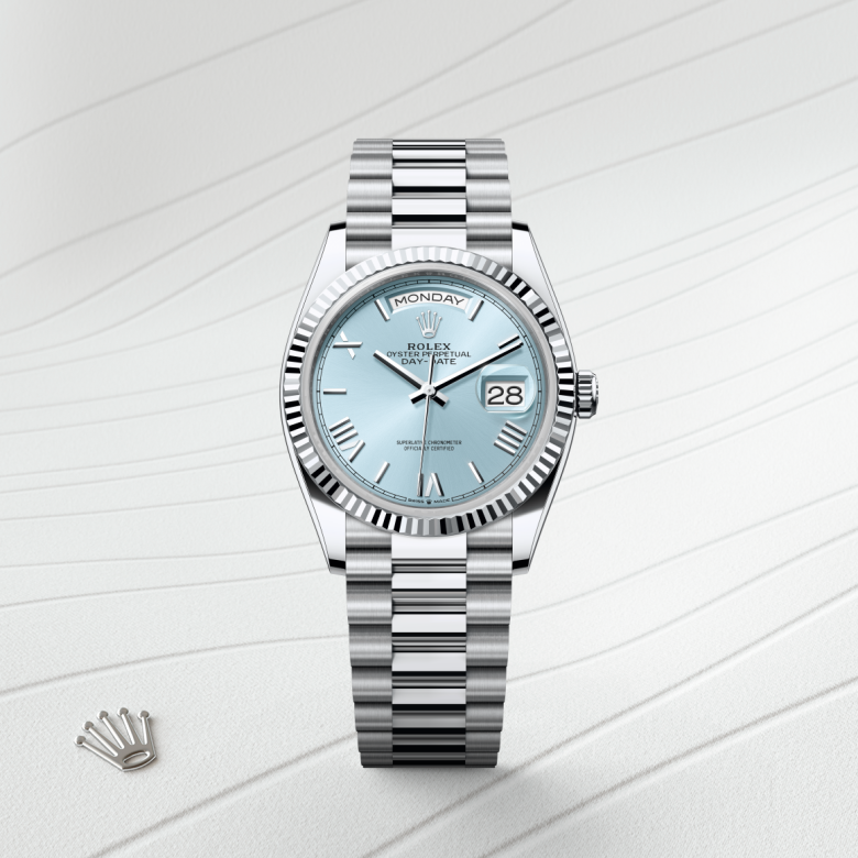 rolex day-date in platinum, m128236-0018 - watch with background color - ben bridge
